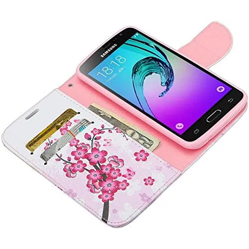 Samsung Galaxy J3 Case, J3V Case | Galaxy Express Prime Case | Galaxy Sky Case | Amp Prime Case | Galaxy Sol Wrist Strap Pu Leather Magnetic Fold Wallet Case with ID & Card Slots - Cherry Blossom