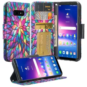 Samsung Galaxy S10e Case, Wrist Strap Pu Leather Wallet Case [Kickstand] with ID & Credit Card Slots - Rainbow Flower