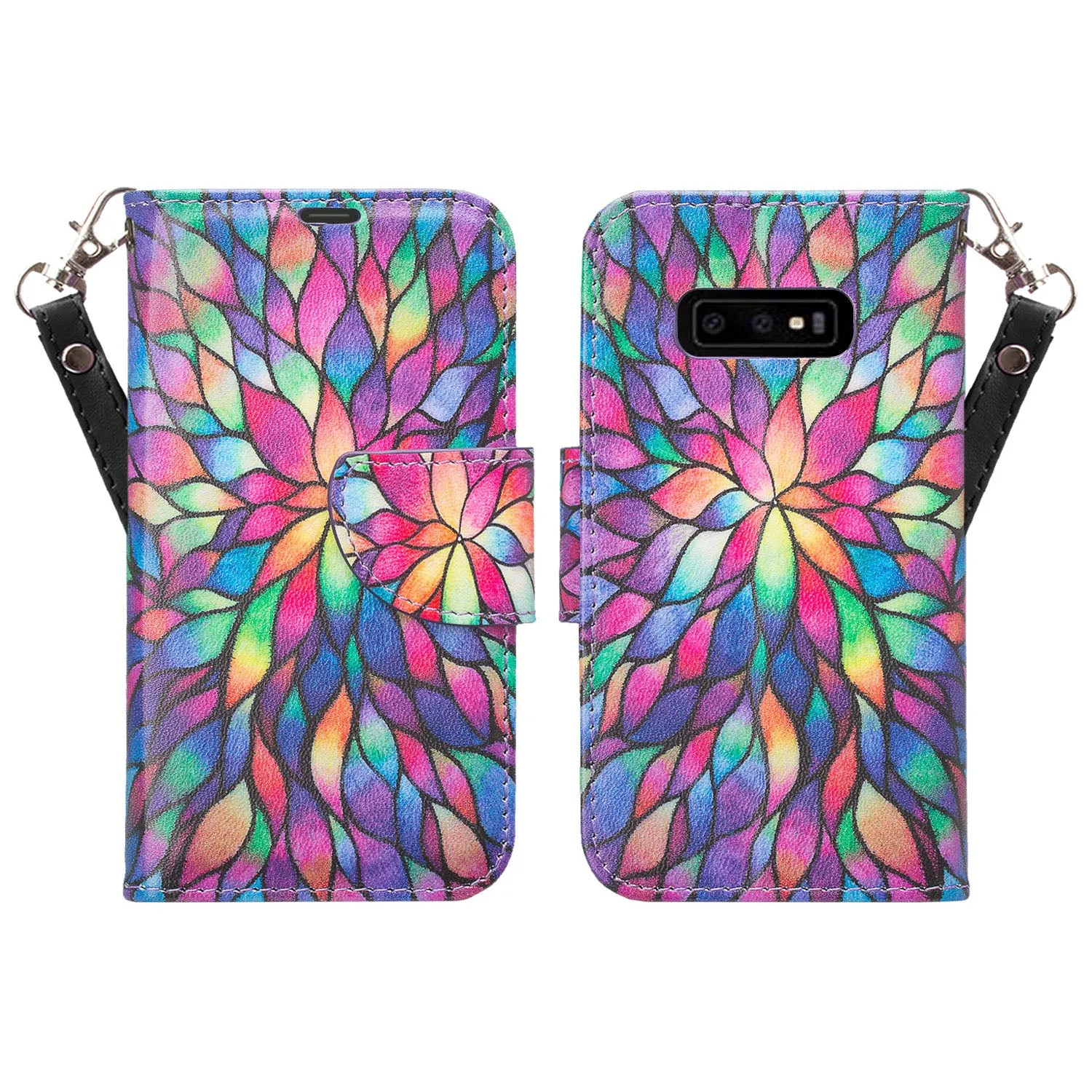 Samsung Galaxy S10e Case, Wrist Strap Pu Leather Wallet Case [Kickstand] with ID & Credit Card Slots - Rainbow Flower