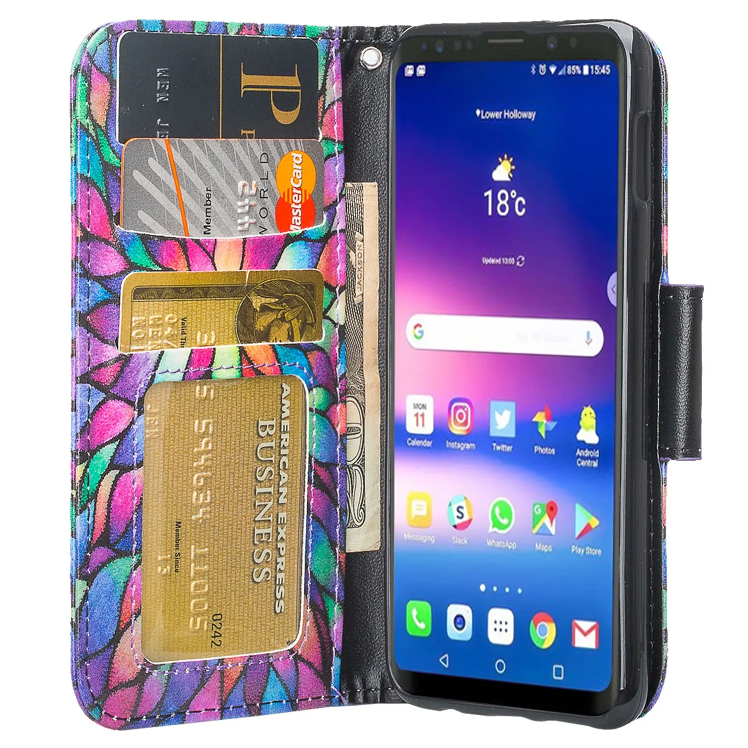 Samsung Galaxy S10e Case, Wrist Strap Pu Leather Wallet Case [Kickstand] with ID & Credit Card Slots - Rainbow Flower