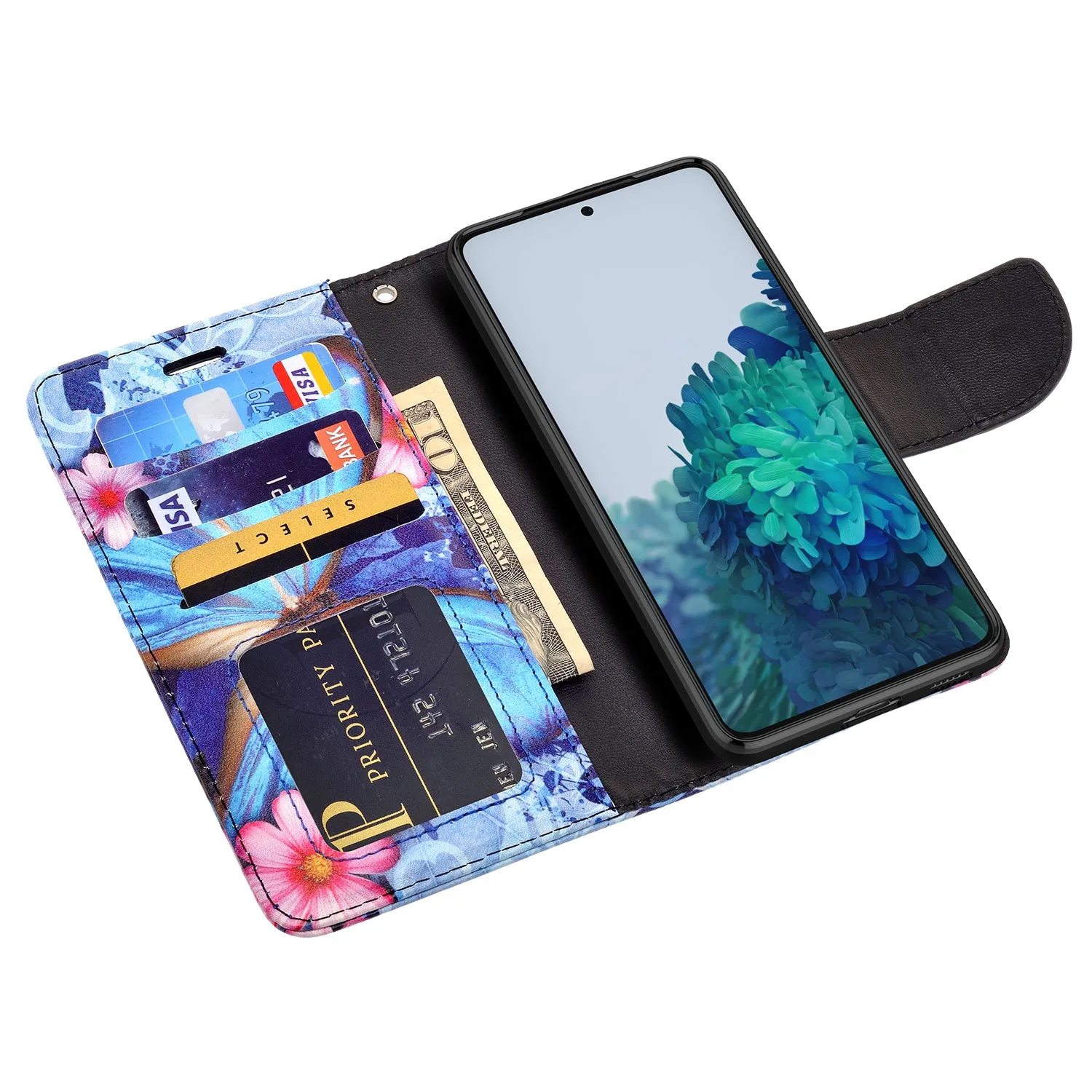 Samsung Galaxy S21 Case, Galaxy S21 Wallet Case, Wrist Strap Pu Leather Wallet Case [Kickstand] with ID & Credit Card Slots - Blue Butterfly