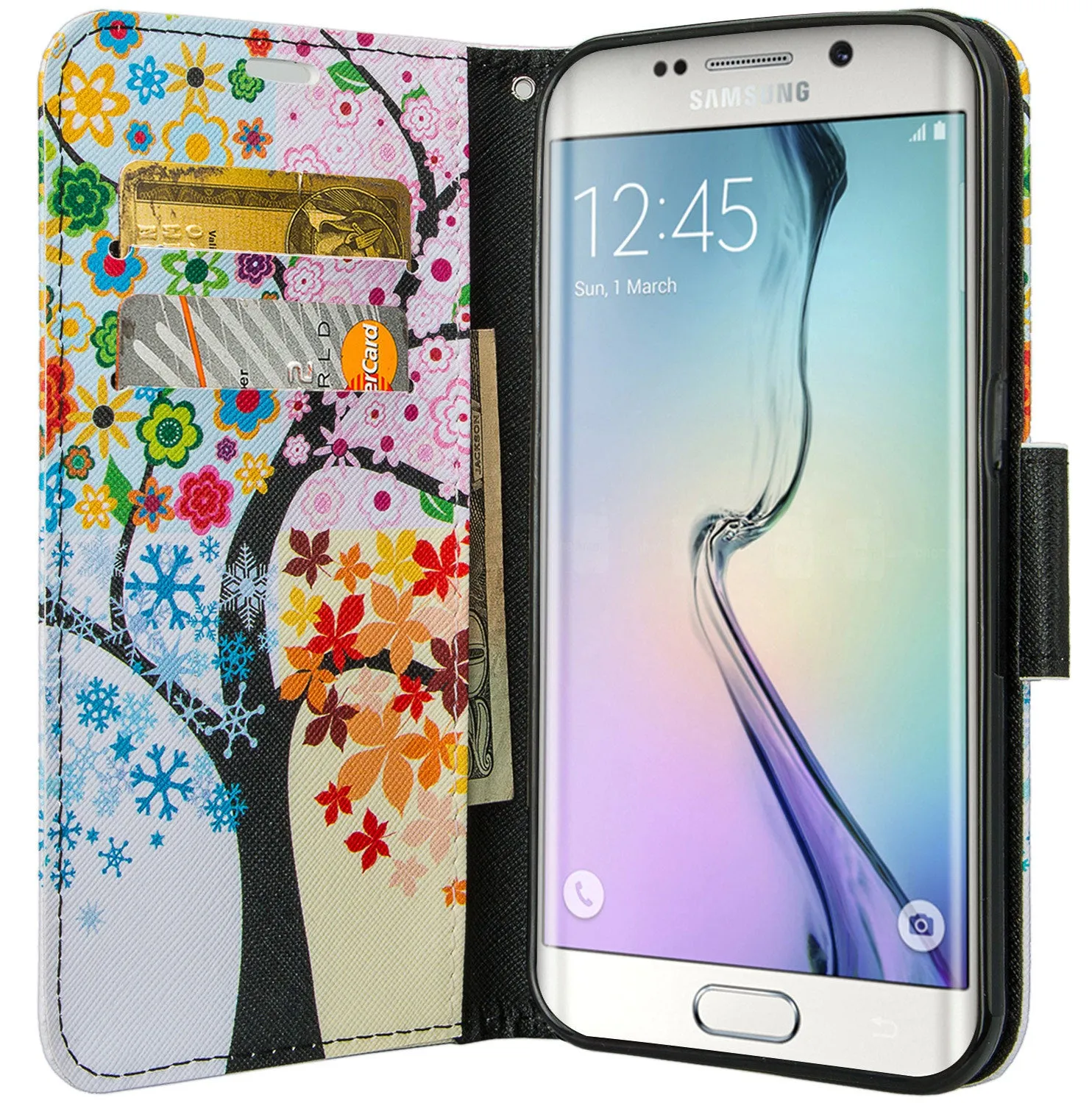 Samsung Galaxy S7 Edge Wallet Case, Wrist Strap Pu Leather Magnetic Flip Fold[Kickstand] with ID & Card Slots for Galaxy S7 Edge - Glowing Tree