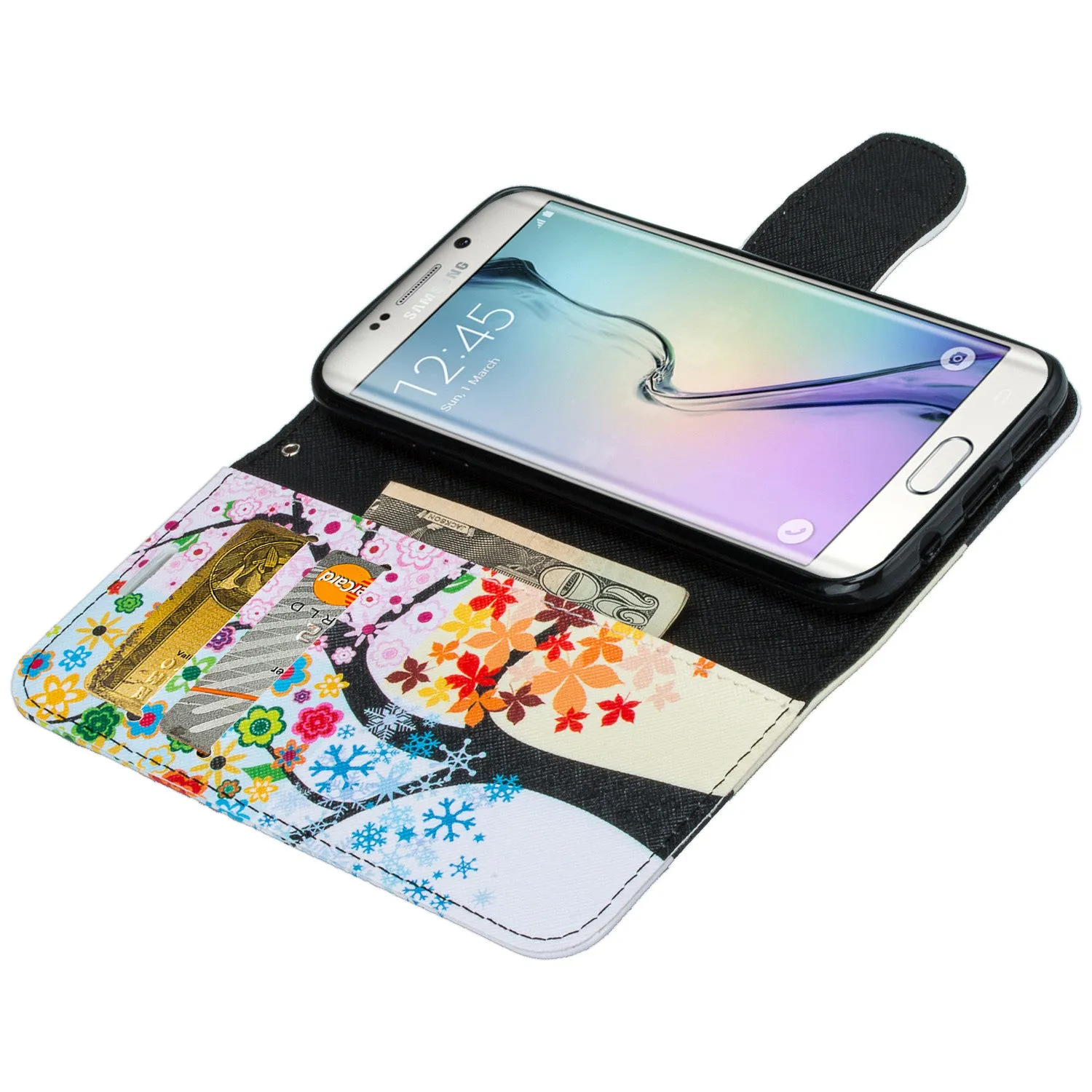 Samsung Galaxy S7 Edge Wallet Case, Wrist Strap Pu Leather Magnetic Flip Fold[Kickstand] with ID & Card Slots for Galaxy S7 Edge - Glowing Tree