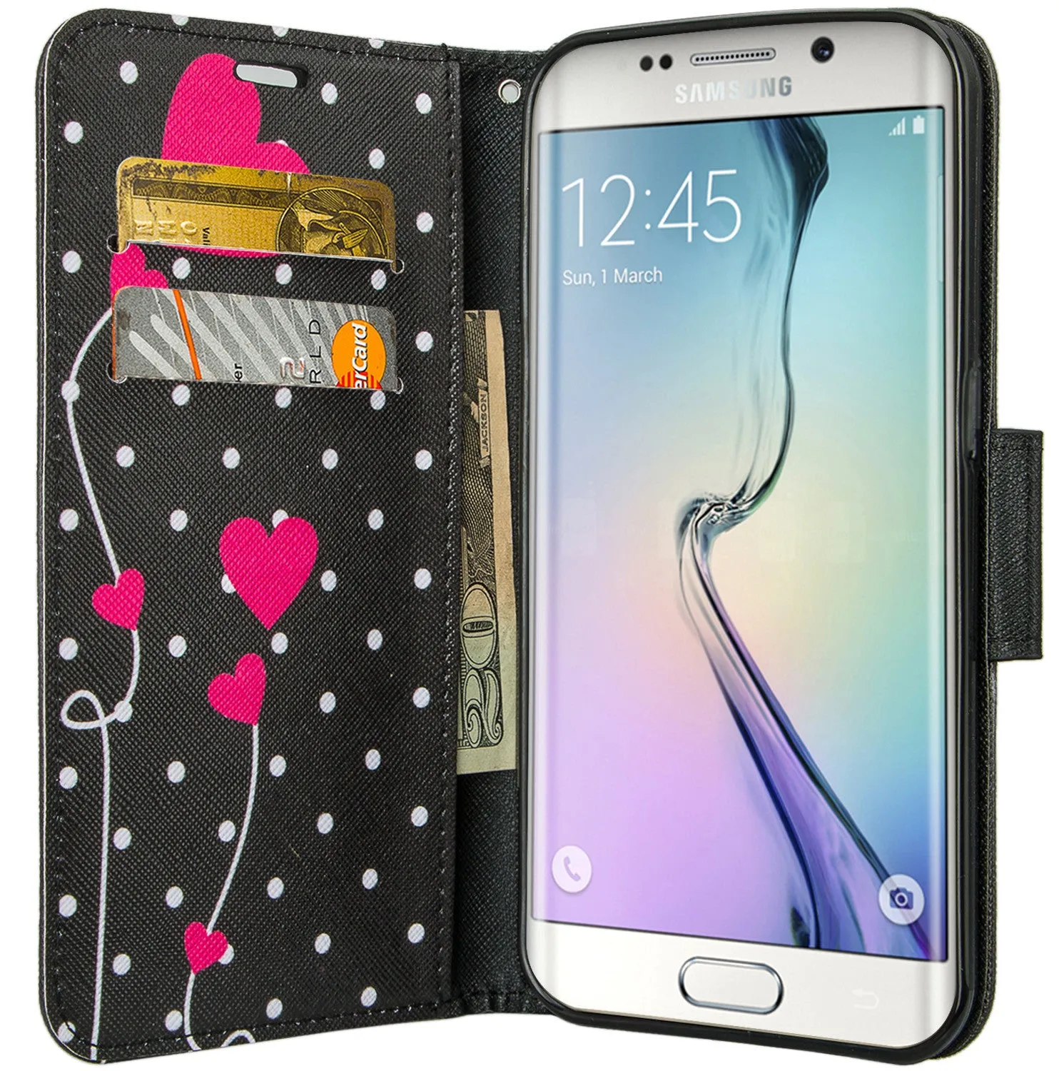 Samsung Galaxy S7 Edge Wallet Case, Wrist Strap Pu Leather Magnetic Flip Fold[Kickstand] with ID & Card Slots for Galaxy S7 Edge - Polka Dots Hearts