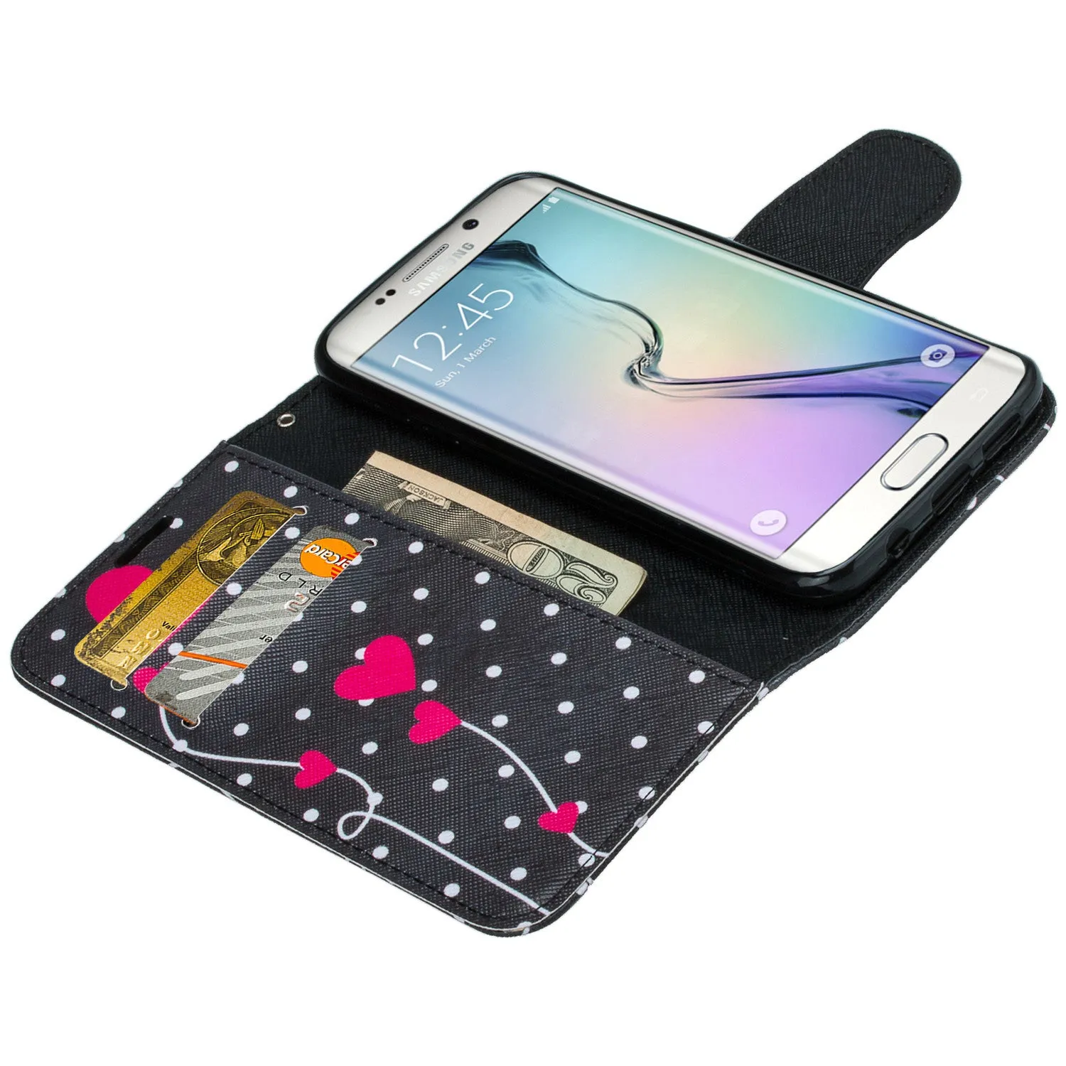 Samsung Galaxy S7 Edge Wallet Case, Wrist Strap Pu Leather Magnetic Flip Fold[Kickstand] with ID & Card Slots for Galaxy S7 Edge - Polka Dots Hearts