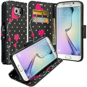 Samsung Galaxy S7 Edge Wallet Case, Wrist Strap Pu Leather Magnetic Flip Fold[Kickstand] with ID & Card Slots for Galaxy S7 Edge - Polka Dots Hearts