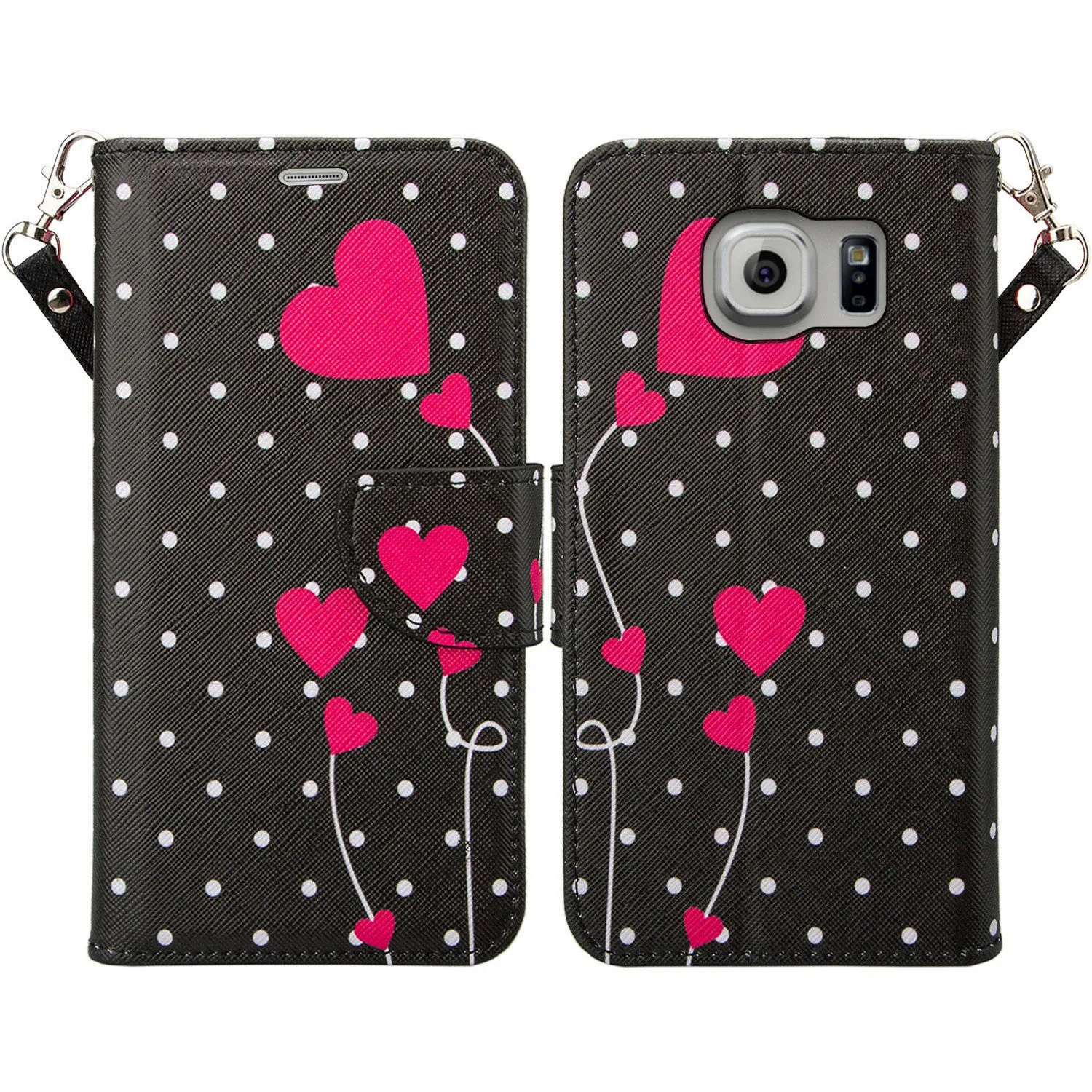 Samsung Galaxy S7 Edge Wallet Case, Wrist Strap Pu Leather Magnetic Flip Fold[Kickstand] with ID & Card Slots for Galaxy S7 Edge - Polka Dots Hearts