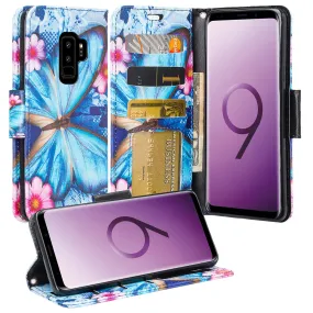 Samsung Galaxy S9 Plus Case, SM-G965U Wallet Case, Wrist Strap Pu Leather Wallet Case [Kickstand] with ID & Credit Card Slots - Blue Butterfly