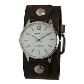 Sapphire Crystal Ladies White Watch with Stitched Dark Brown Leather Cuff