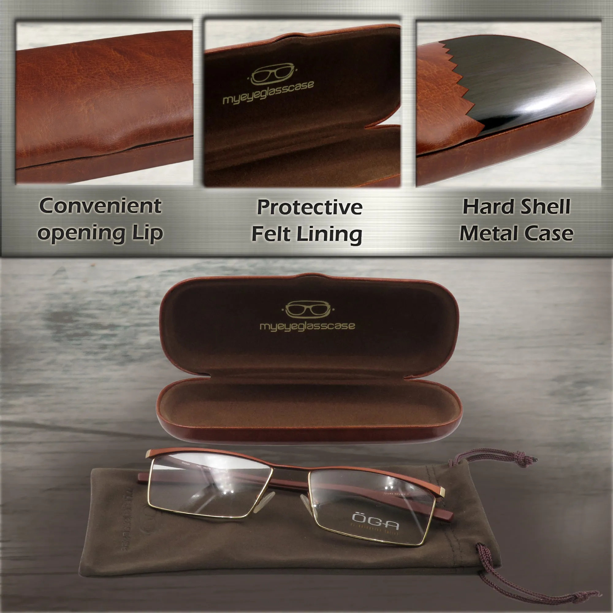 Small Hard Eyeglass Case, Reading Glasses Case w/ Drawstring Pouch & Cleaning Cloth ( S5 Brown)