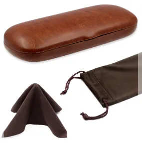 Small Hard Eyeglass Case, Reading Glasses Case w/ Drawstring Pouch & Cleaning Cloth ( S5 Brown)