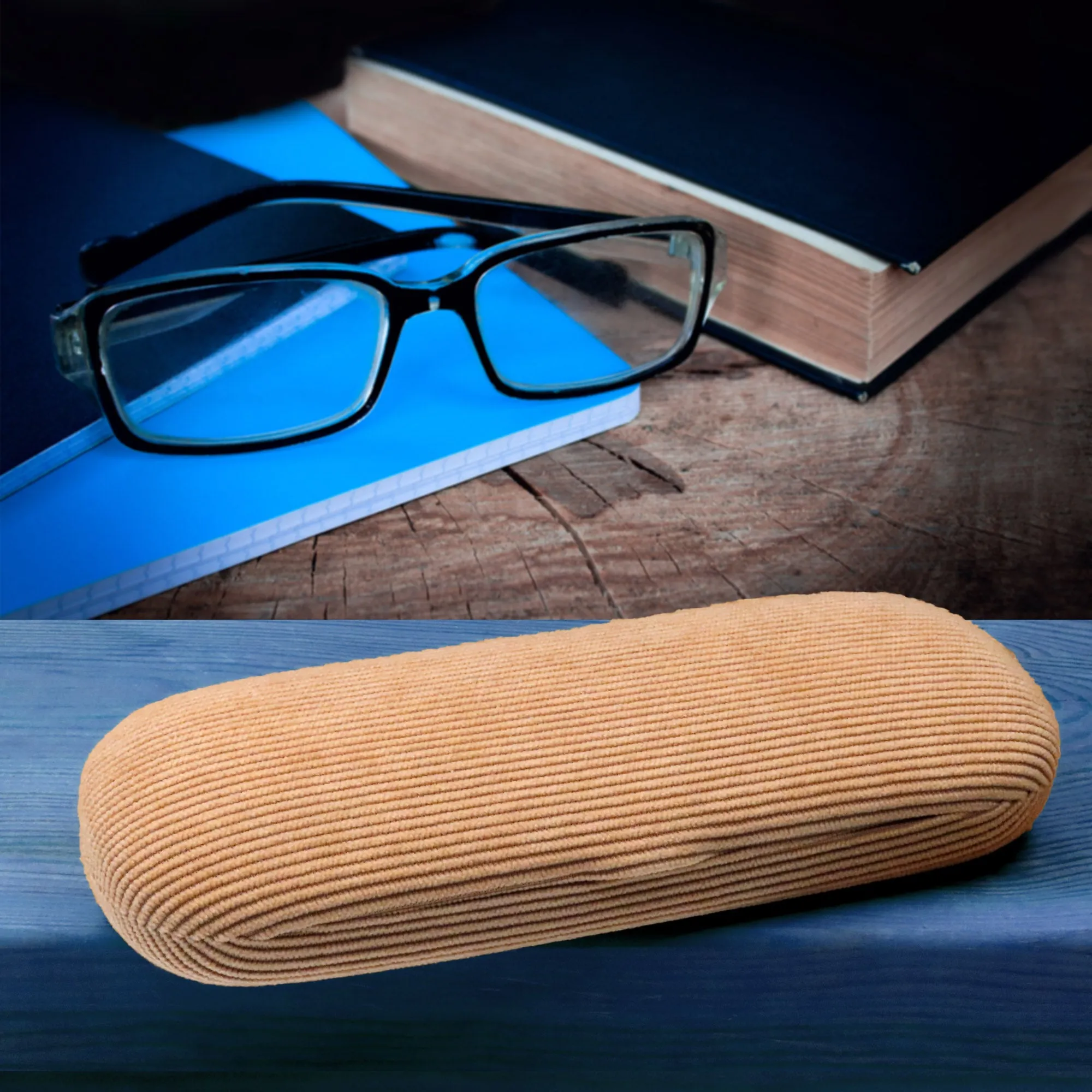 Small Hard Eyeglass Case, Reading Glasses Case w/ Drawstring Pouch & Cleaning Cloth ( S5 Corduroy Beige)