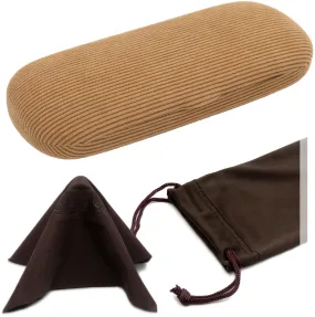 Small Hard Eyeglass Case, Reading Glasses Case w/ Drawstring Pouch & Cleaning Cloth ( S5 Corduroy Beige)