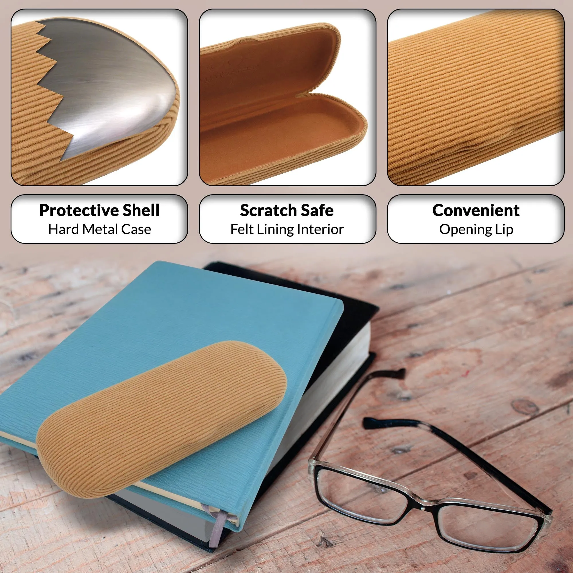 Small Hard Eyeglass Case, Reading Glasses Case w/ Drawstring Pouch & Cleaning Cloth ( S5 Corduroy Beige)