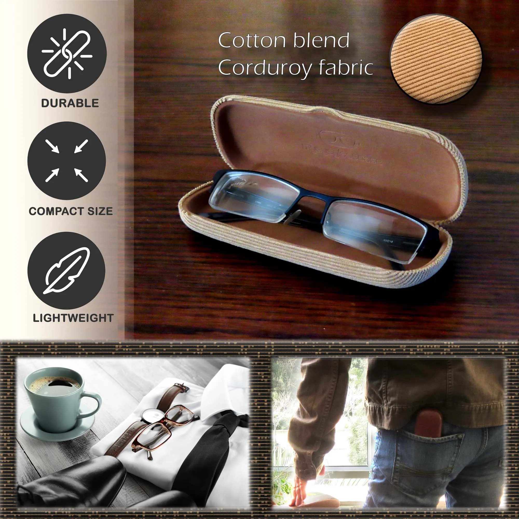 Small Hard Eyeglass Case, Reading Glasses Case w/ Drawstring Pouch & Cleaning Cloth ( S5 Corduroy Beige)