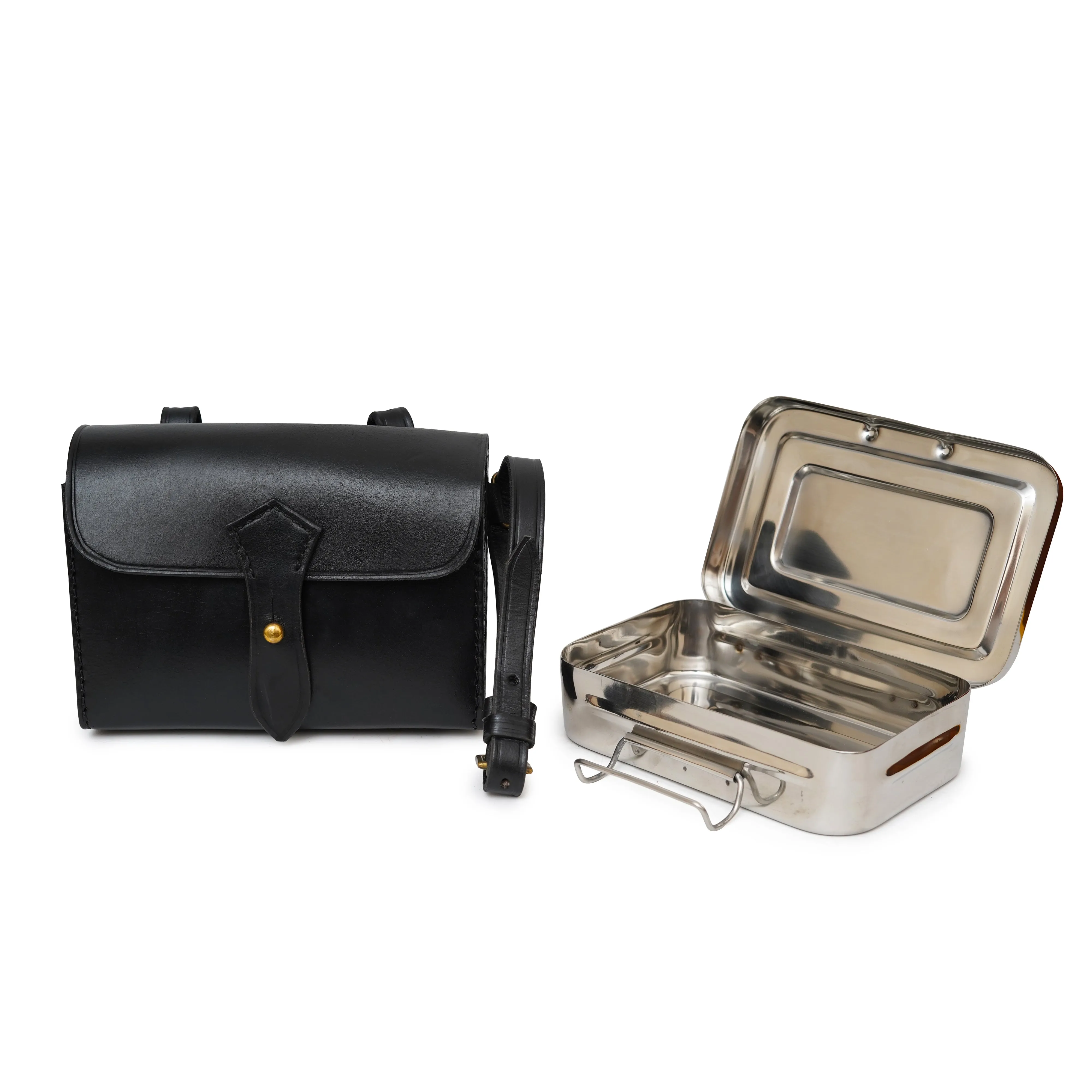 Stainless Steel Fox Hunting Sandwich Tin with Leather Case - Black