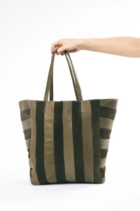 STRIPE STITCHED SUEDE & LEATHER TOTE HANDBAG IN ARMY