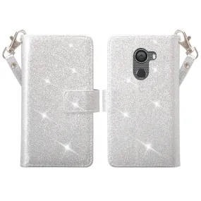 Tmobile REVVL, Alcatel A30 Plus, A30 Fierce, Alcatel Walters Case, Wrist Strap Glitter Bling Faux Leather Flip [Kickstand] Wallet Cover - Silver