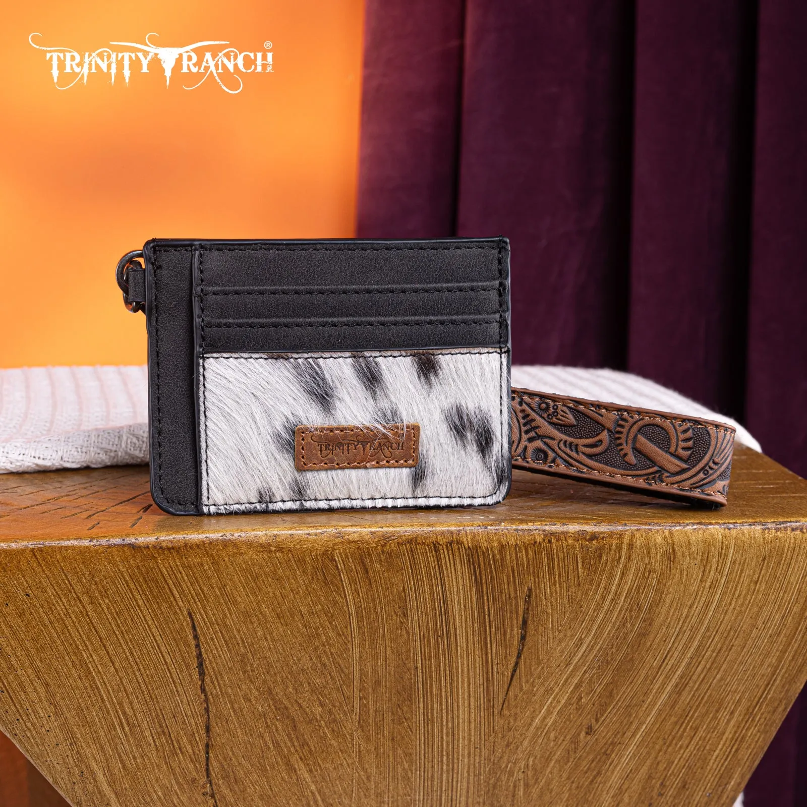 TR182-W008  Trinity Ranch Hair-On Cowhide Collection Key Ring Card Case - Black