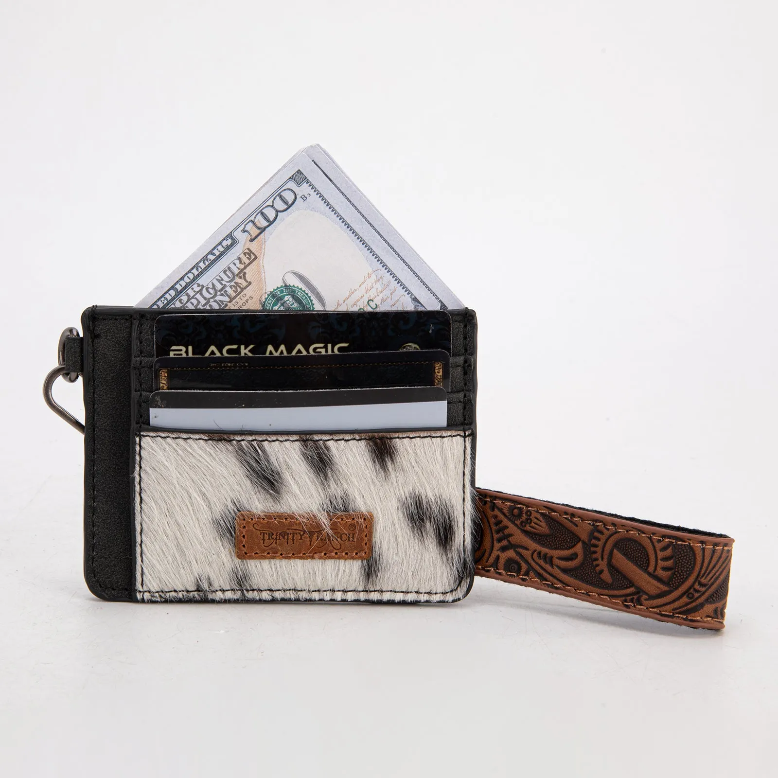 TR182-W008  Trinity Ranch Hair-On Cowhide Collection Key Ring Card Case - Black