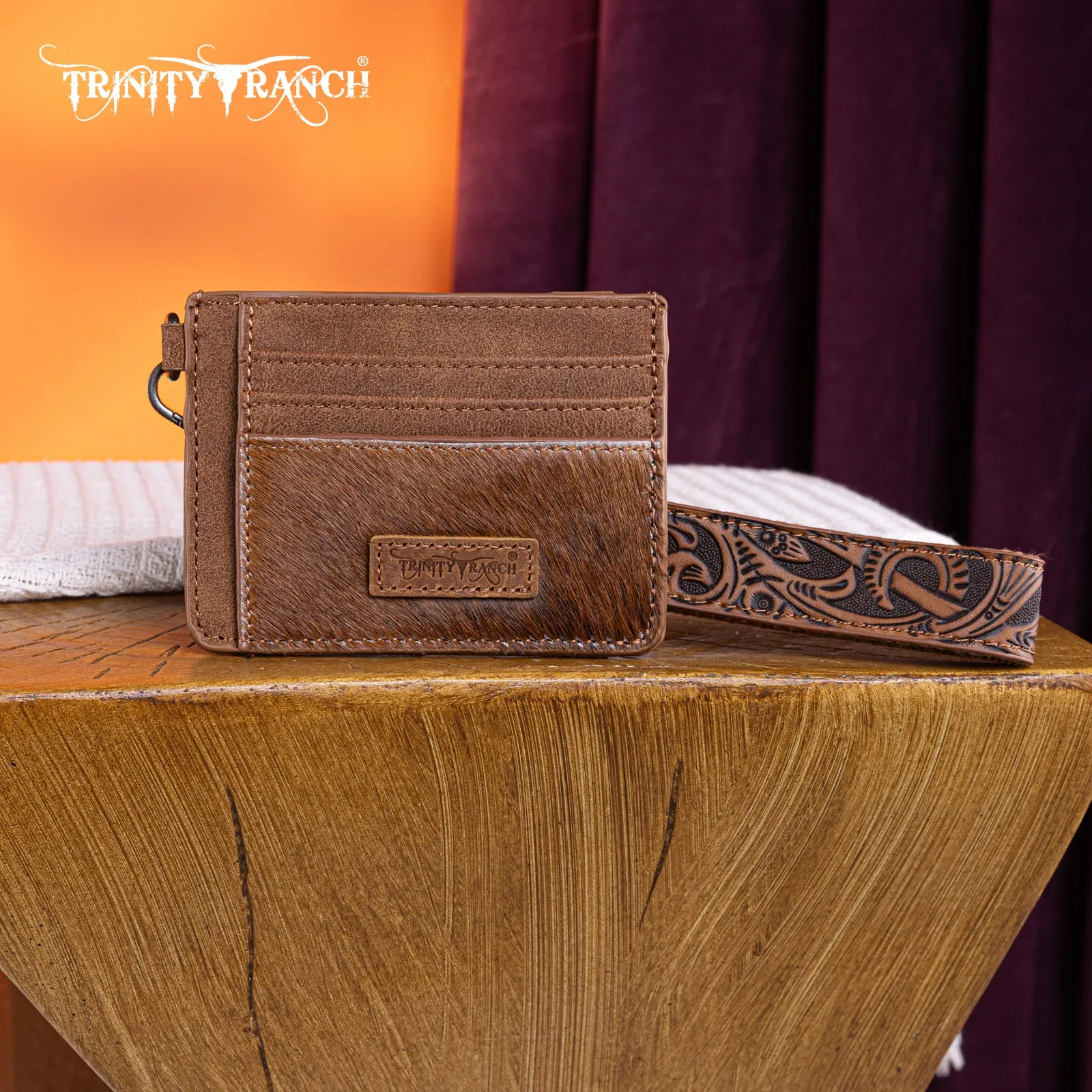 TR182-W008  Trinity Ranch Hair-On Cowhide Collection Key Ring Card Case - Brown