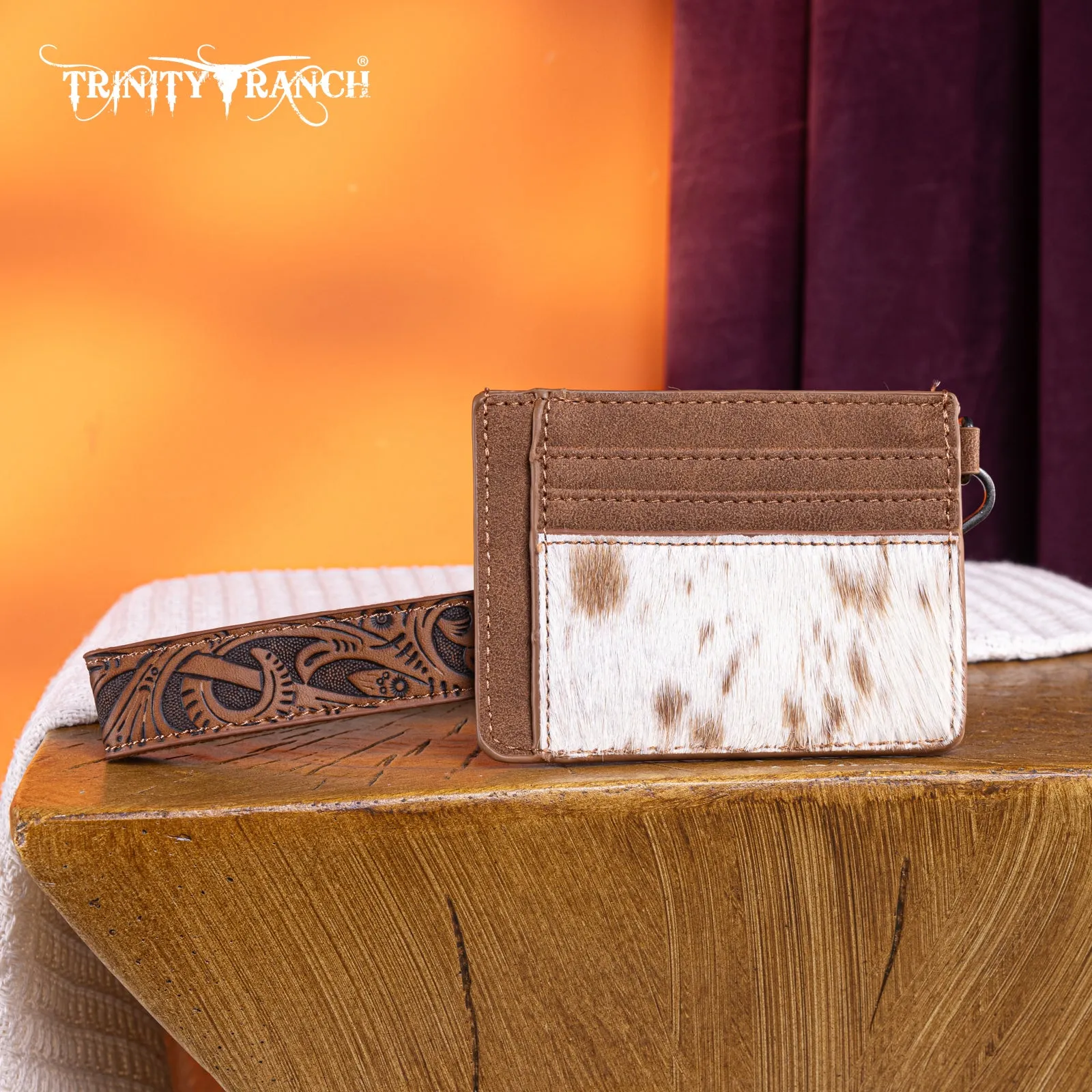 TR182-W008  Trinity Ranch Hair-On Cowhide Collection Key Ring Card Case - Brown