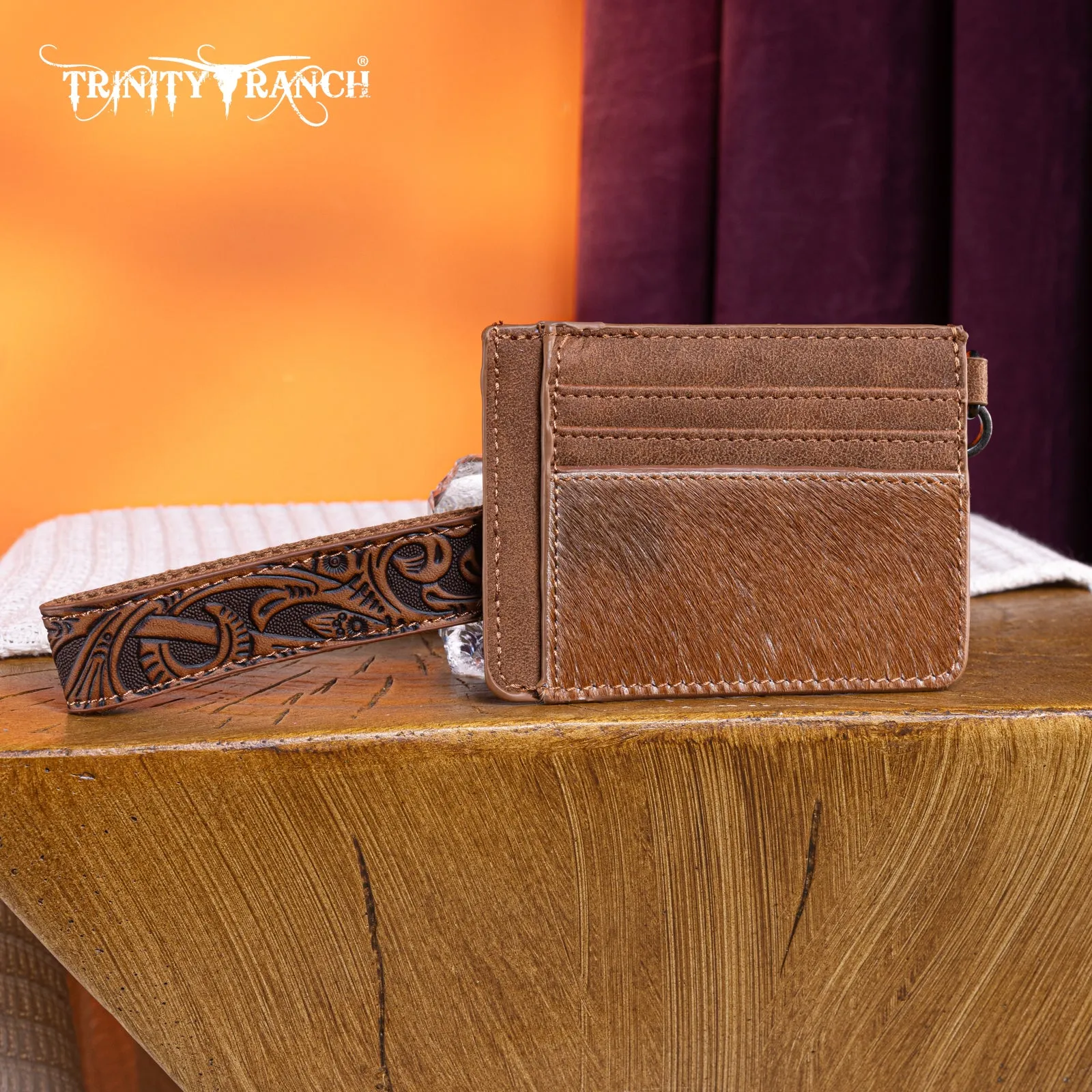 TR182-W008  Trinity Ranch Hair-On Cowhide Collection Key Ring Card Case - Brown