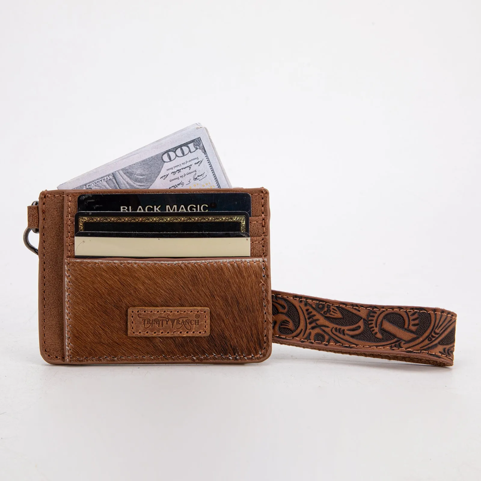 TR182-W008  Trinity Ranch Hair-On Cowhide Collection Key Ring Card Case - Brown