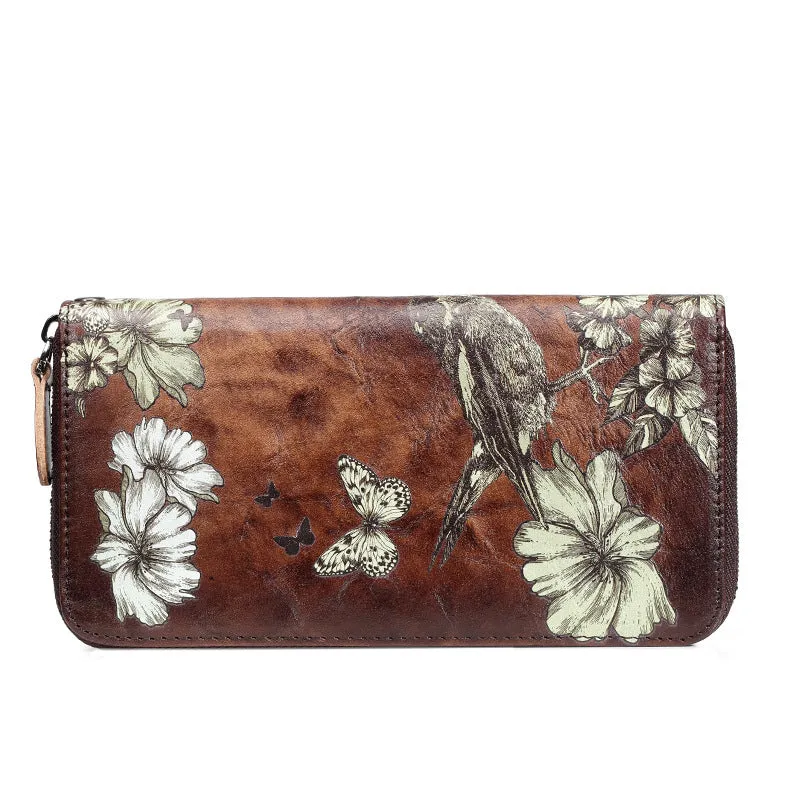 Vintage Handmade Cowhide Leather Zipper Long Wallet for Women 6615