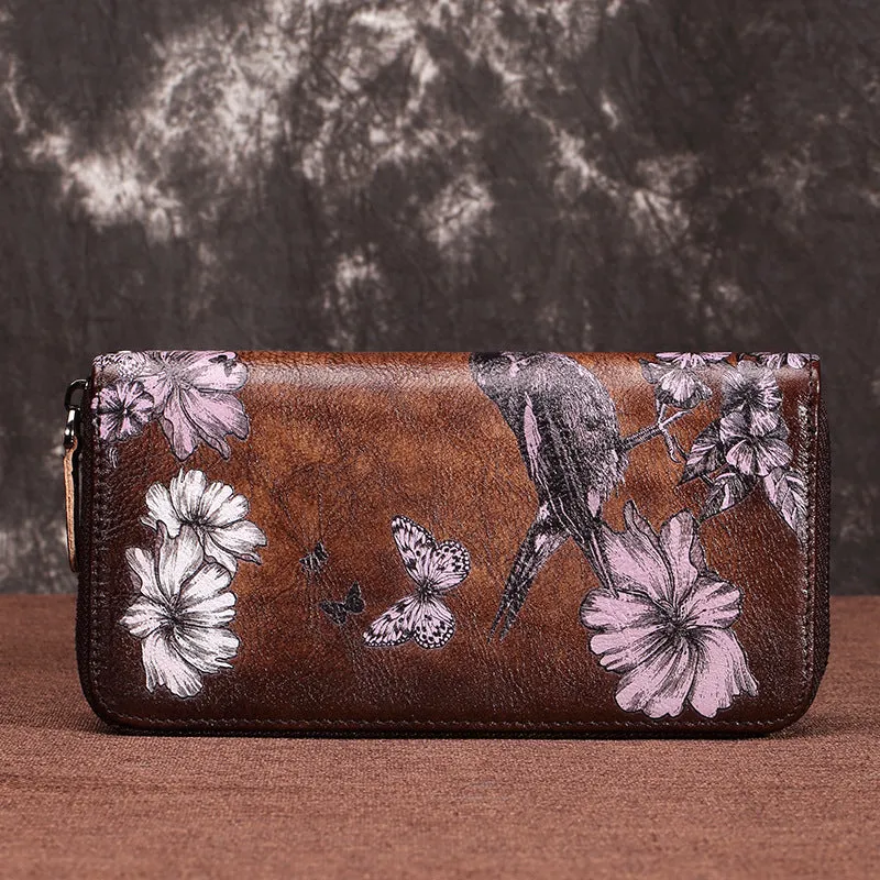 Vintage Handmade Cowhide Leather Zipper Long Wallet for Women 6615