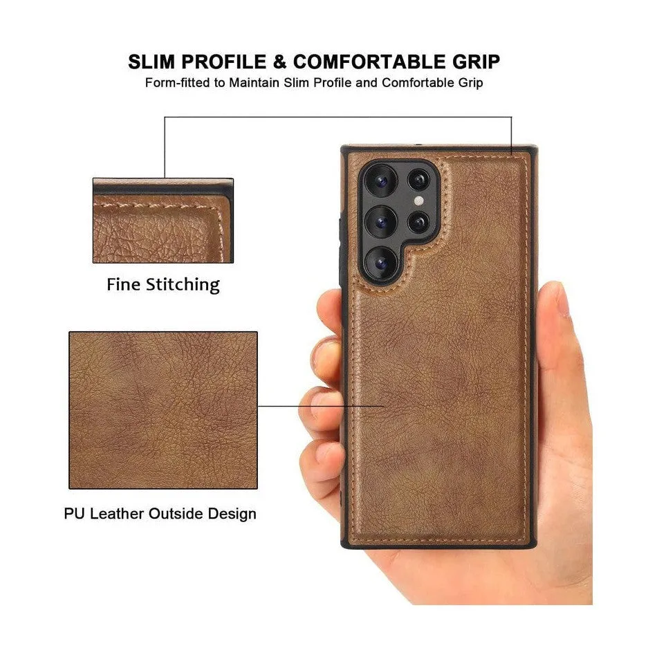 Vintage Stitching Premium Quality Leather Phone Case For Samsung S22 Ultra - Brown