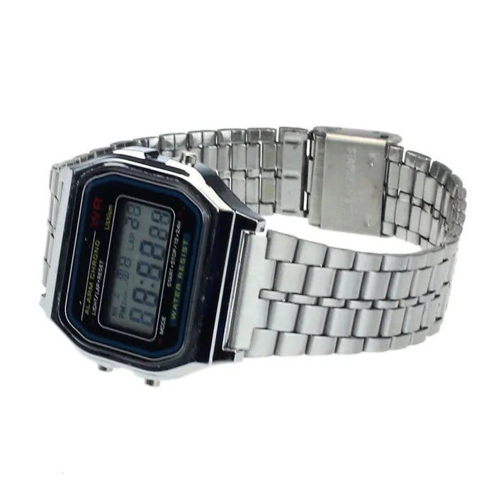 Vintage Womens Men Stainless Steel Digital Alarm Stopwatch Wrist Watch