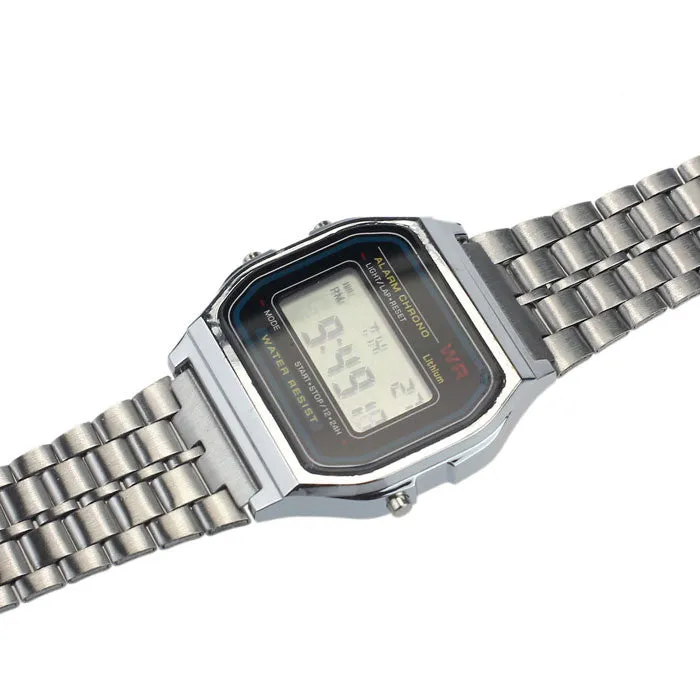 Vintage Womens Men Stainless Steel Digital Alarm Stopwatch Wrist Watch