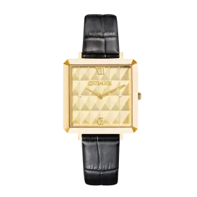 Watch Iconic Cube Spikes Gold Bracelet Leather Black