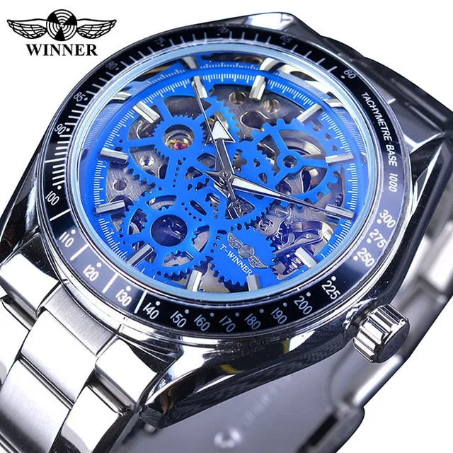 Winner Blue Glass Gear Movement Transparent Mechanical Watch