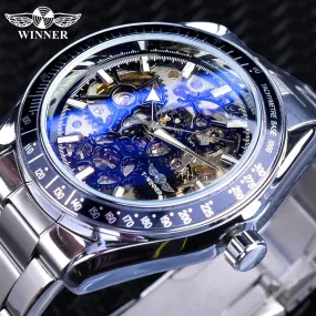 Winner Blue Glass Gear Movement Transparent Mechanical Watch