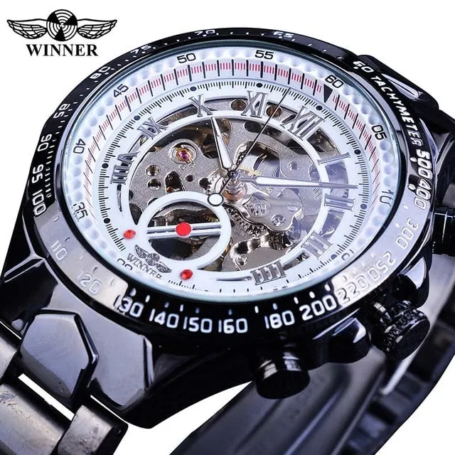 Winner Classic Series Golden Movement Inside Silver Stainless Steel Mens Skeleton Watch