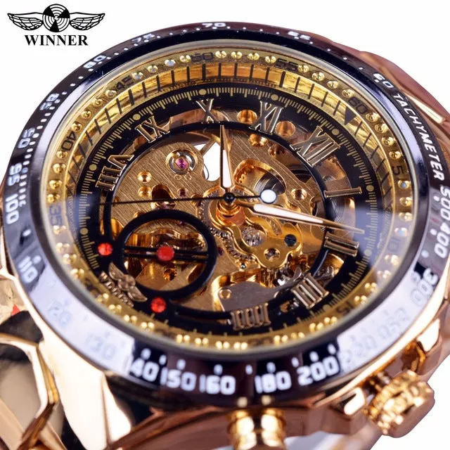 Winner Classic Series Golden Movement Inside Silver Stainless Steel Mens Skeleton Watch