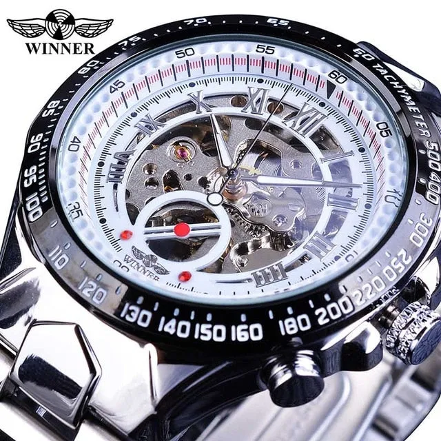 Winner Classic Series Golden Movement Inside Silver Stainless Steel Mens Skeleton Watch