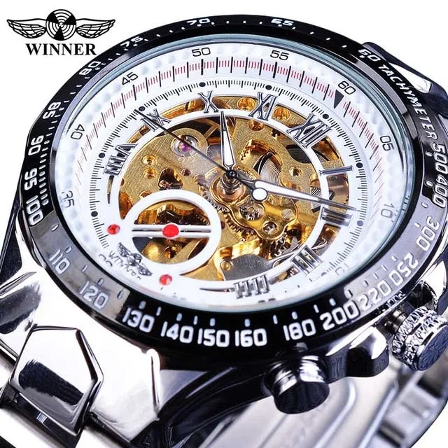 Winner Classic Series Golden Movement Inside Silver Stainless Steel Mens Skeleton Watch