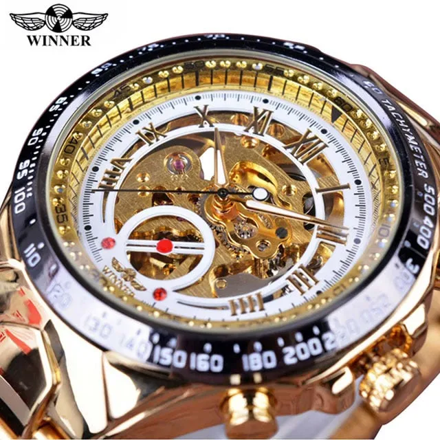 Winner Classic Series Golden Movement Inside Silver Stainless Steel Mens Skeleton Watch