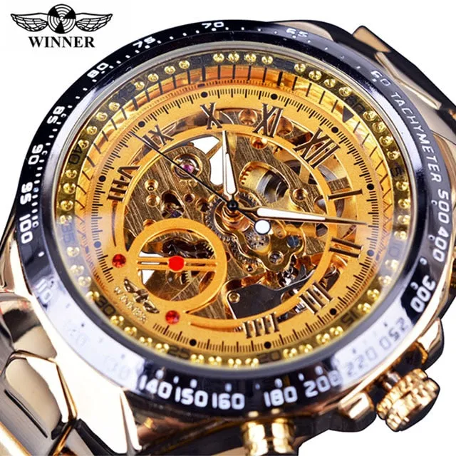 Winner Classic Series Golden Movement Inside Silver Stainless Steel Mens Skeleton Watch