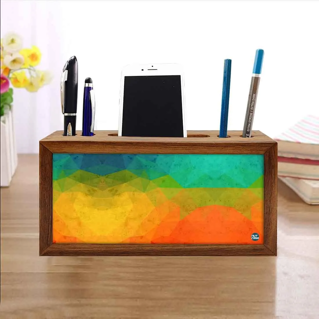 Wooden desk caddy Pen Mobile Stand - Multicolor