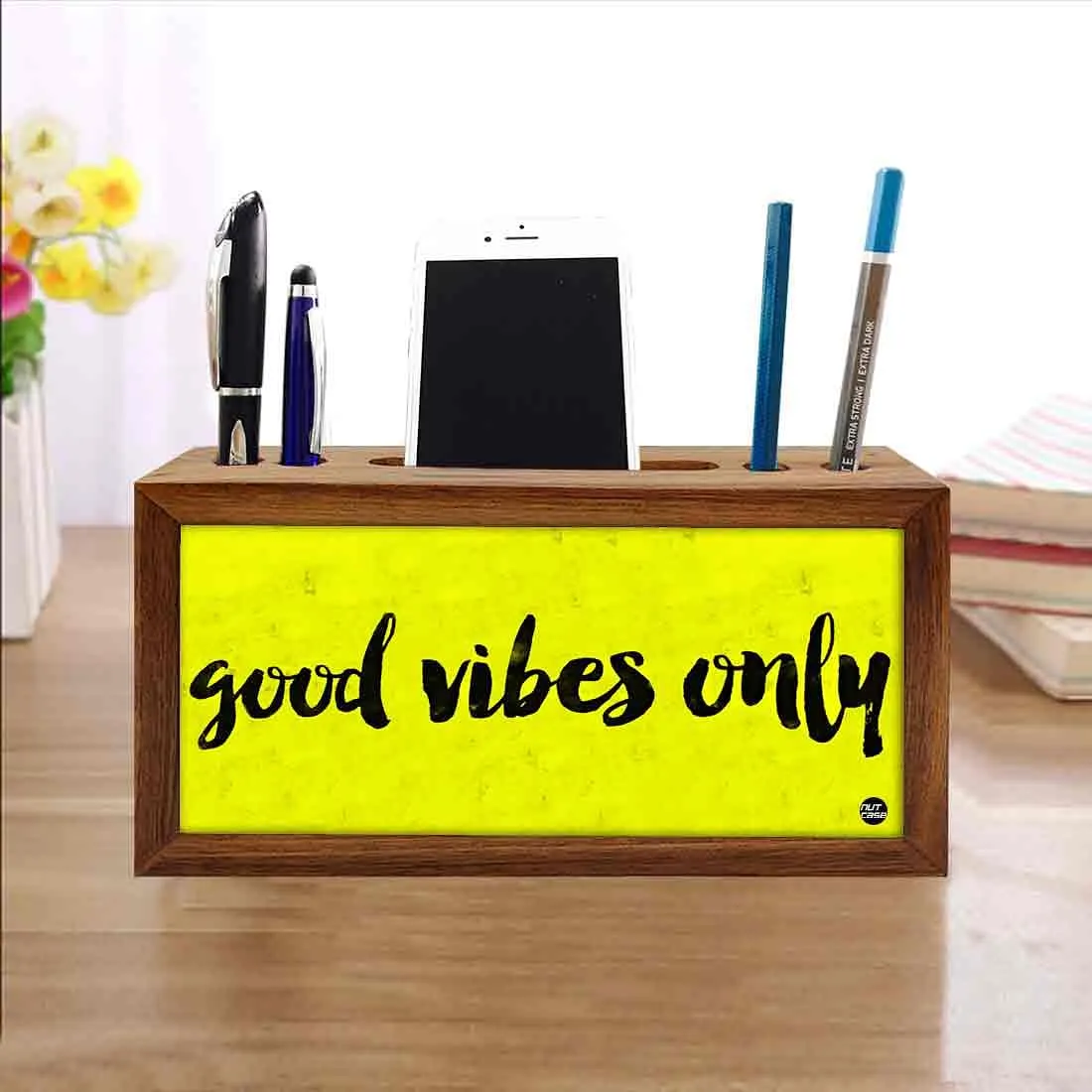 Wooden Desk Organiser Pen Mobile Stand - Good Vibes Only