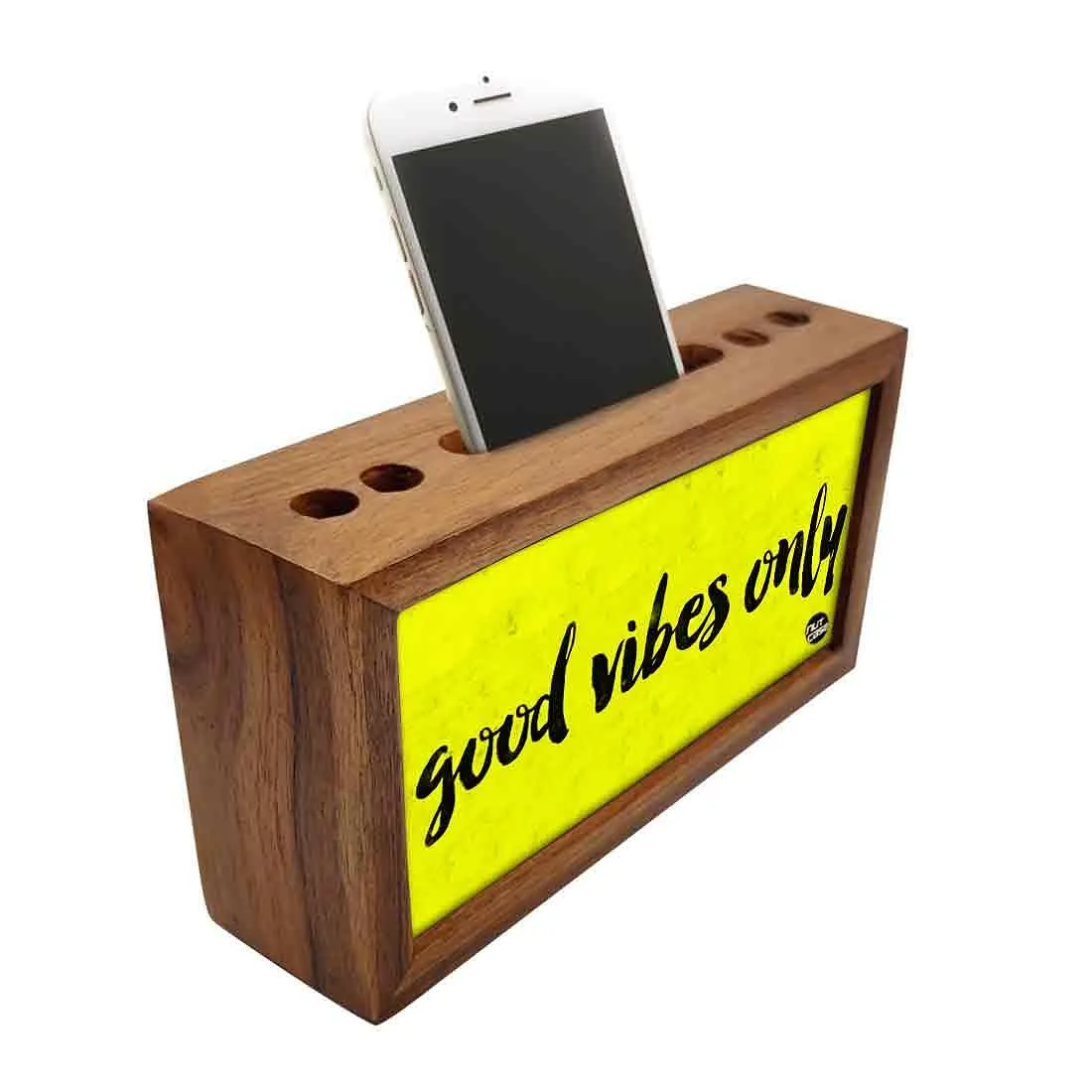 Wooden Desk Organiser Pen Mobile Stand - Good Vibes Only