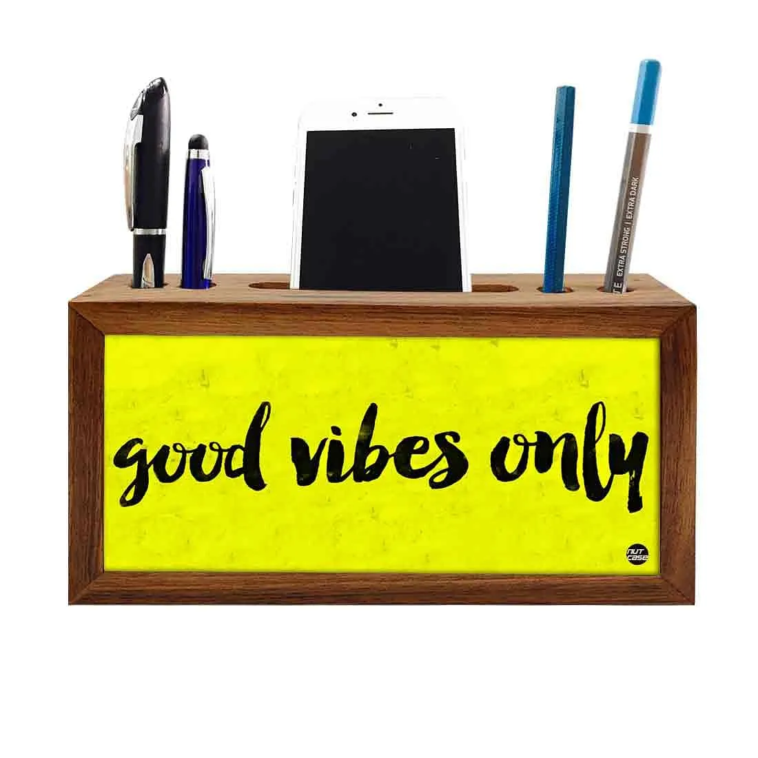 Wooden Desk Organiser Pen Mobile Stand - Good Vibes Only