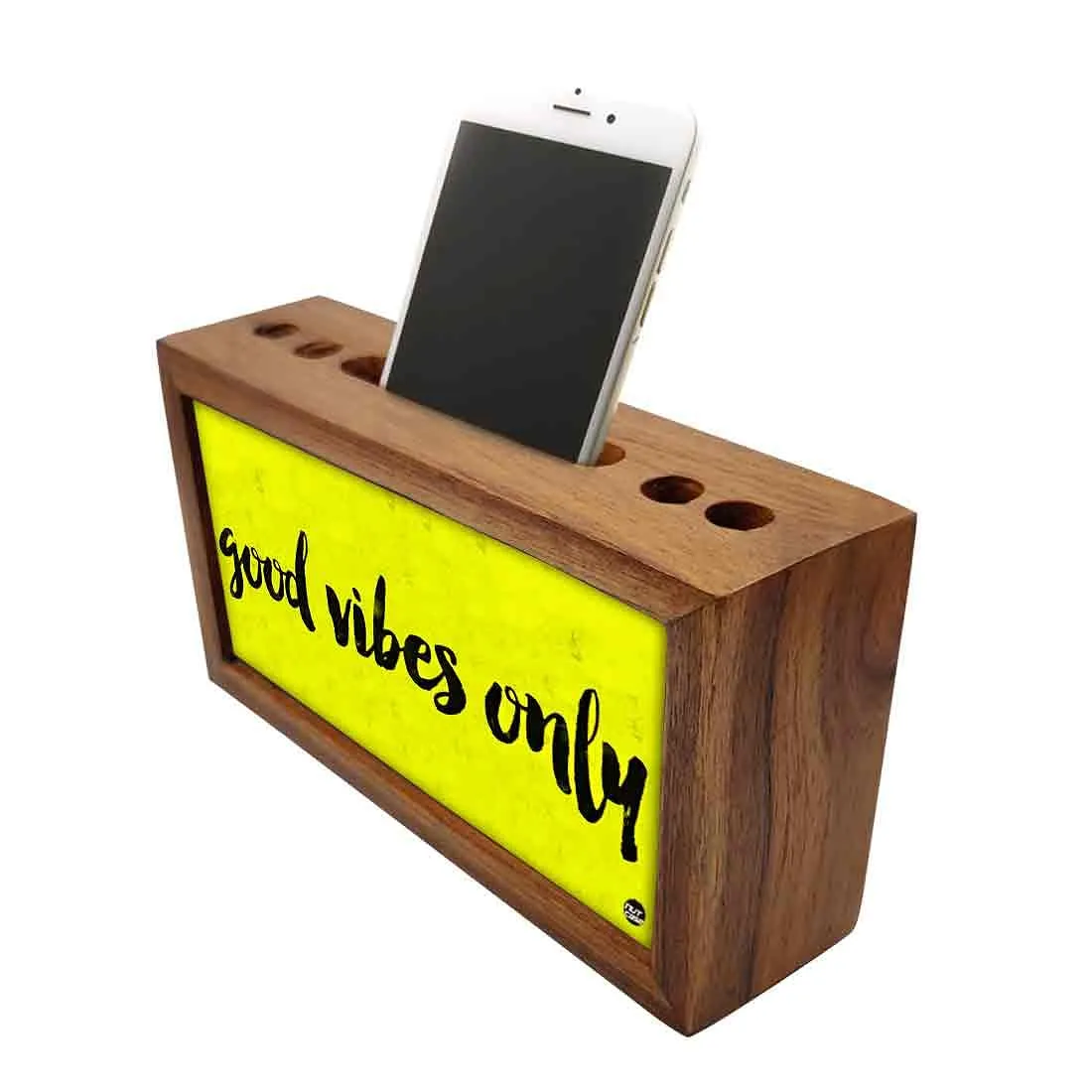 Wooden Desk Organiser Pen Mobile Stand - Good Vibes Only