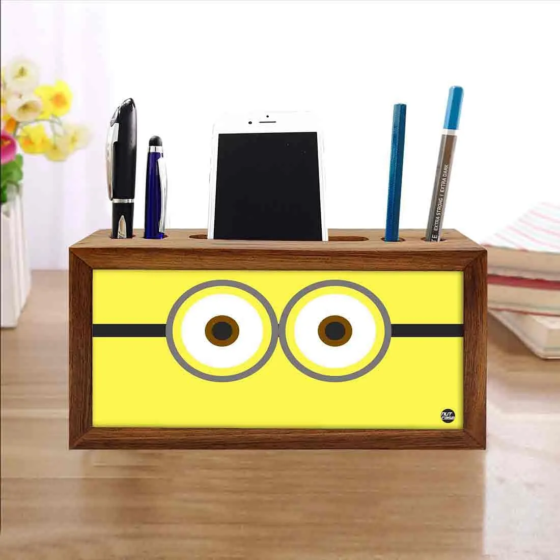 Wooden Desk Organizers Pen Stand for Mobile Holder - Cute Eyes