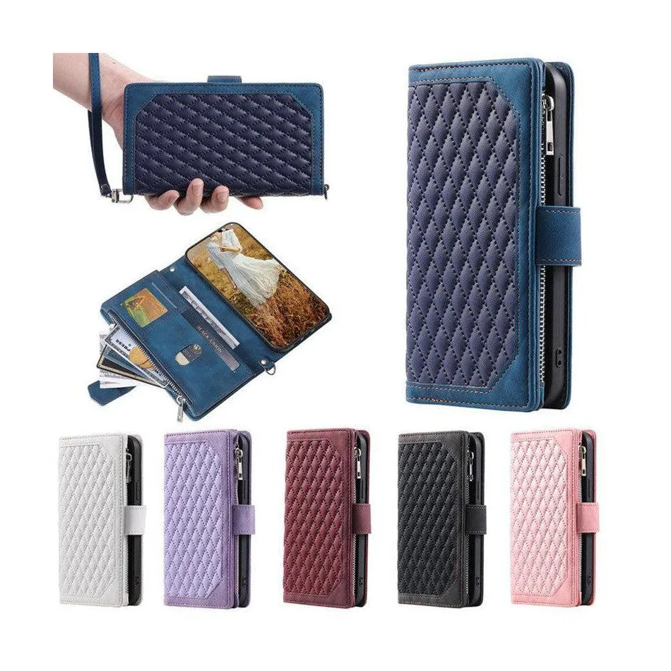 Zipper Wallet Mobile Phone Case for Samsung Galaxy A52/A52s with Wrist Strap - Black