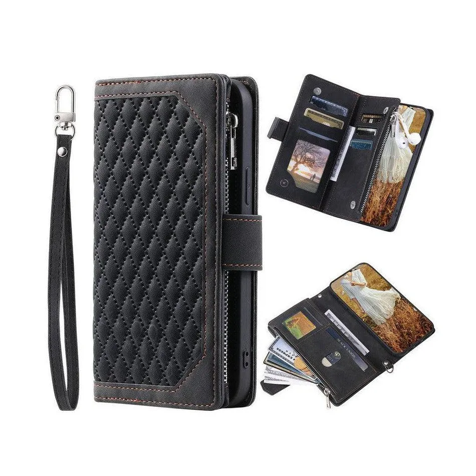 Zipper Wallet Mobile Phone Case for Samsung Galaxy A52/A52s with Wrist Strap - Black